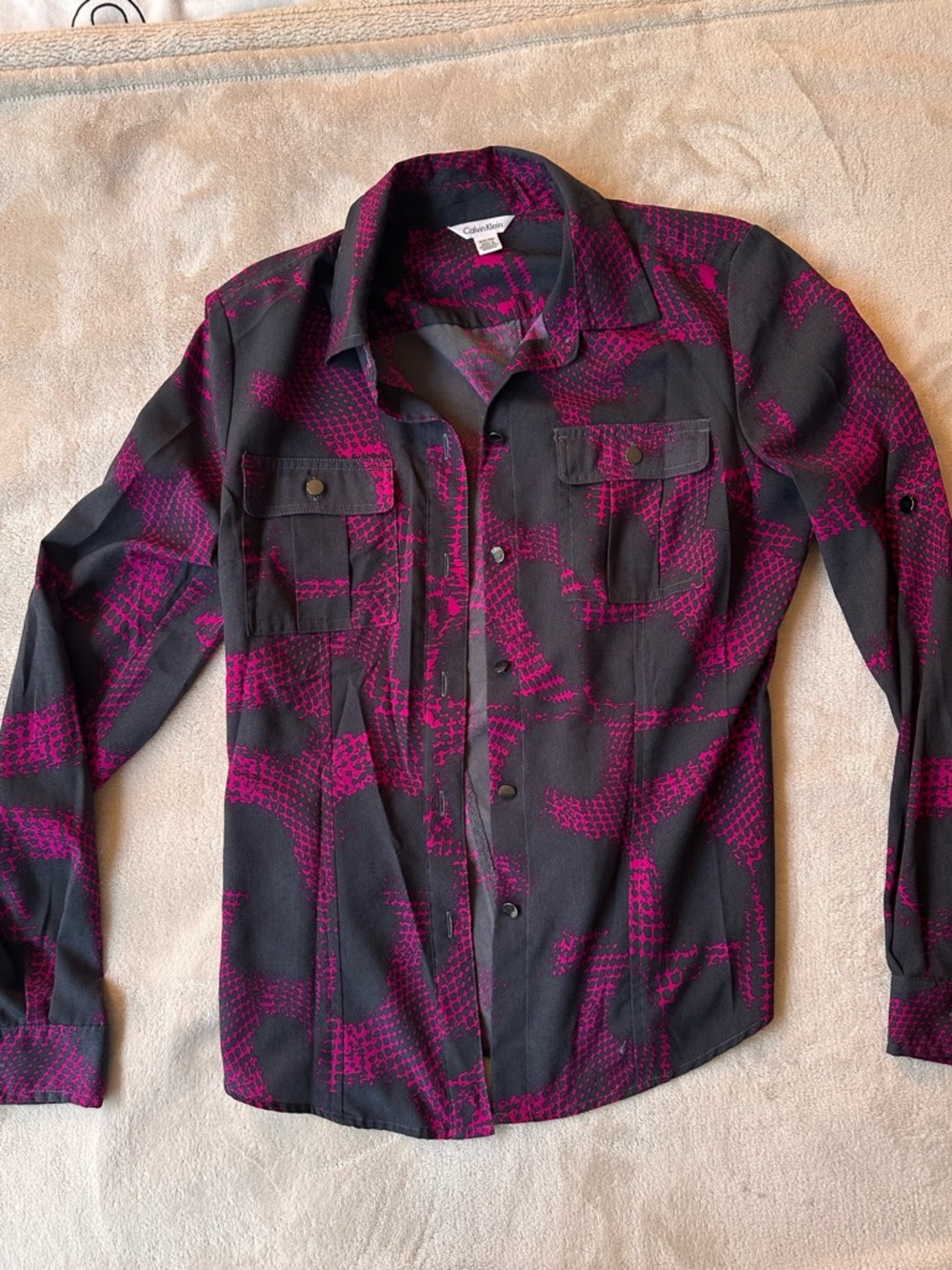 Calvin Klein Black and Magenta Abstract Button-Up Shirt